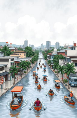 A detailed illustration focusing on the flooding issues in Balikpapan, Indonesia