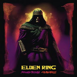 Generate an image of Elden Ring as an 1980s style movie poster, full of vivid colors, dramatic lighting and retro typography.