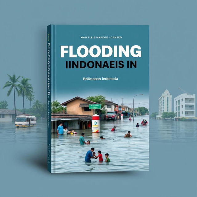 A compelling book cover design focused on the theme of flooding issues in Balikpapan, Indonesia