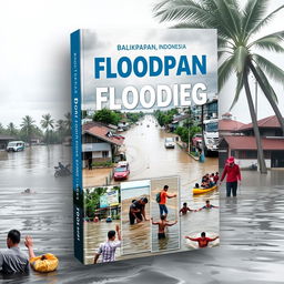 A compelling book cover design focused on the theme of flooding issues in Balikpapan, Indonesia