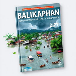 A visually striking book cover illustrating the geosphere of Balikpapan, East Kalimantan, with a specific focus on the flooding issues affecting the city