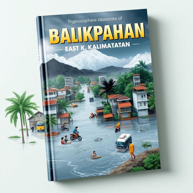 A visually striking book cover illustrating the geosphere of Balikpapan, East Kalimantan, with a specific focus on the flooding issues affecting the city