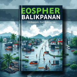 A visually striking book cover illustrating the geosphere of Balikpapan, East Kalimantan, with a specific focus on the flooding issues affecting the city