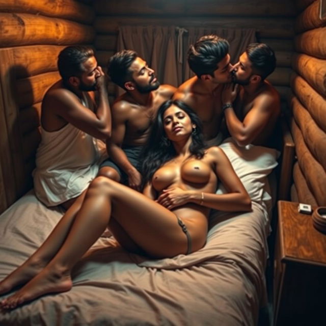 A sensual and intimate scene set in a modest lodge room, featuring a beautiful 18-year-old Indian woman with long, graceful legs