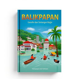 A captivating book cover design centered on the geosphere of Balikpapan, East Kalimantan, focusing on the city's flood issues