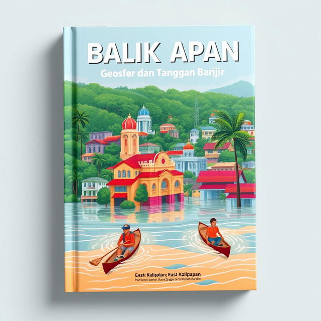 A captivating book cover design centered on the geosphere of Balikpapan, East Kalimantan, focusing on the city's flood issues