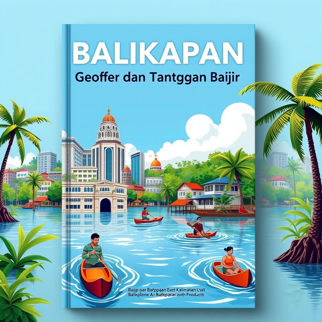 A captivating book cover design centered on the geosphere of Balikpapan, East Kalimantan, focusing on the city's flood issues