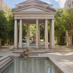 A central feature of a Roman-inspired fountain with water flowing into a pool, surrounded by walkways adorned with classical columns and arcades.