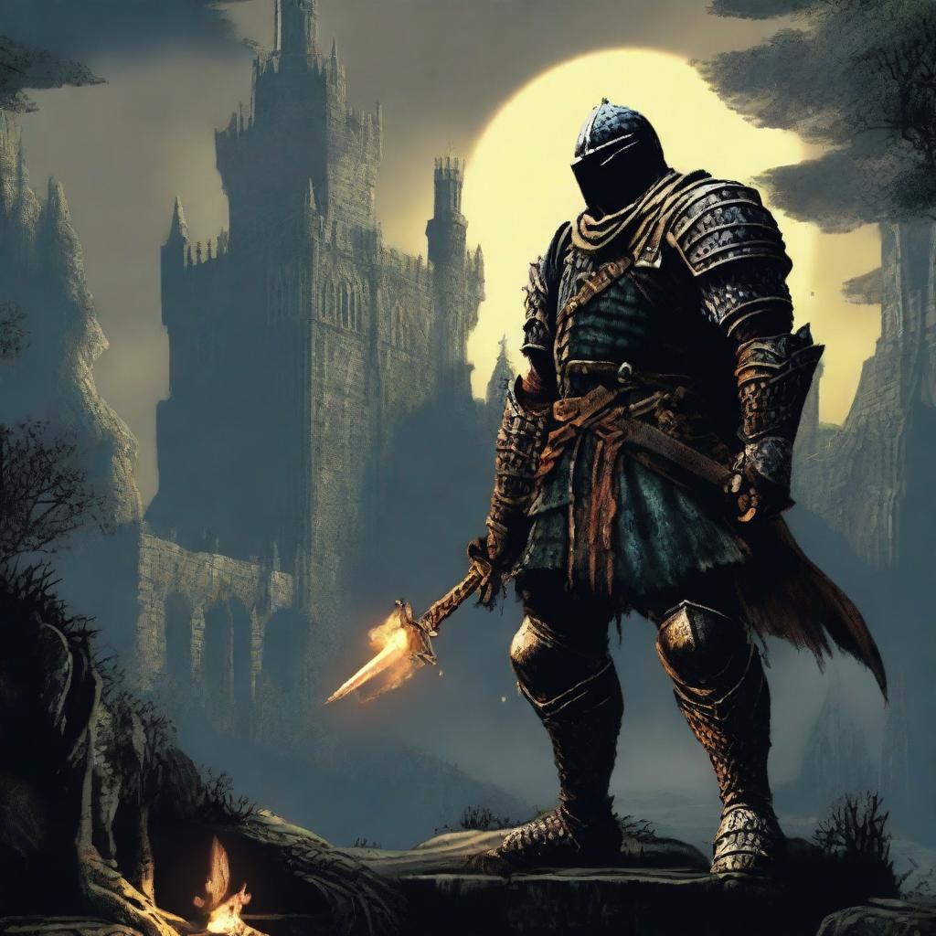 A visual fusion of Dark Souls, the iconic action RPG, and the vibrant aesthetics of the 1980s.