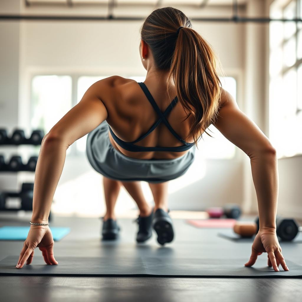 A strong and athletic woman performing push-ups, captured from a back view