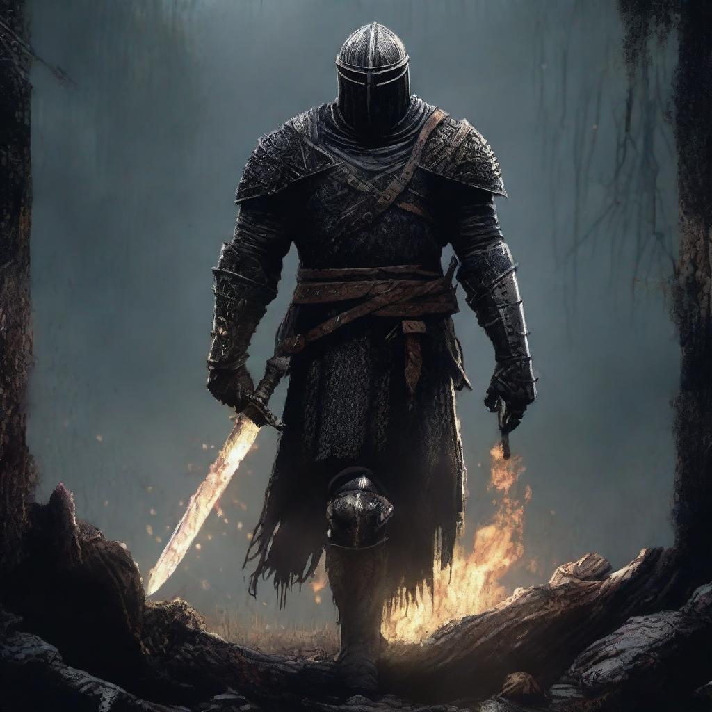 A captivating image that mashes up the universe of Dark Souls with the distinct style of Sam Raimi movies.