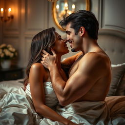 A passionate and romantic scene between a couple, depicting intimacy and connection