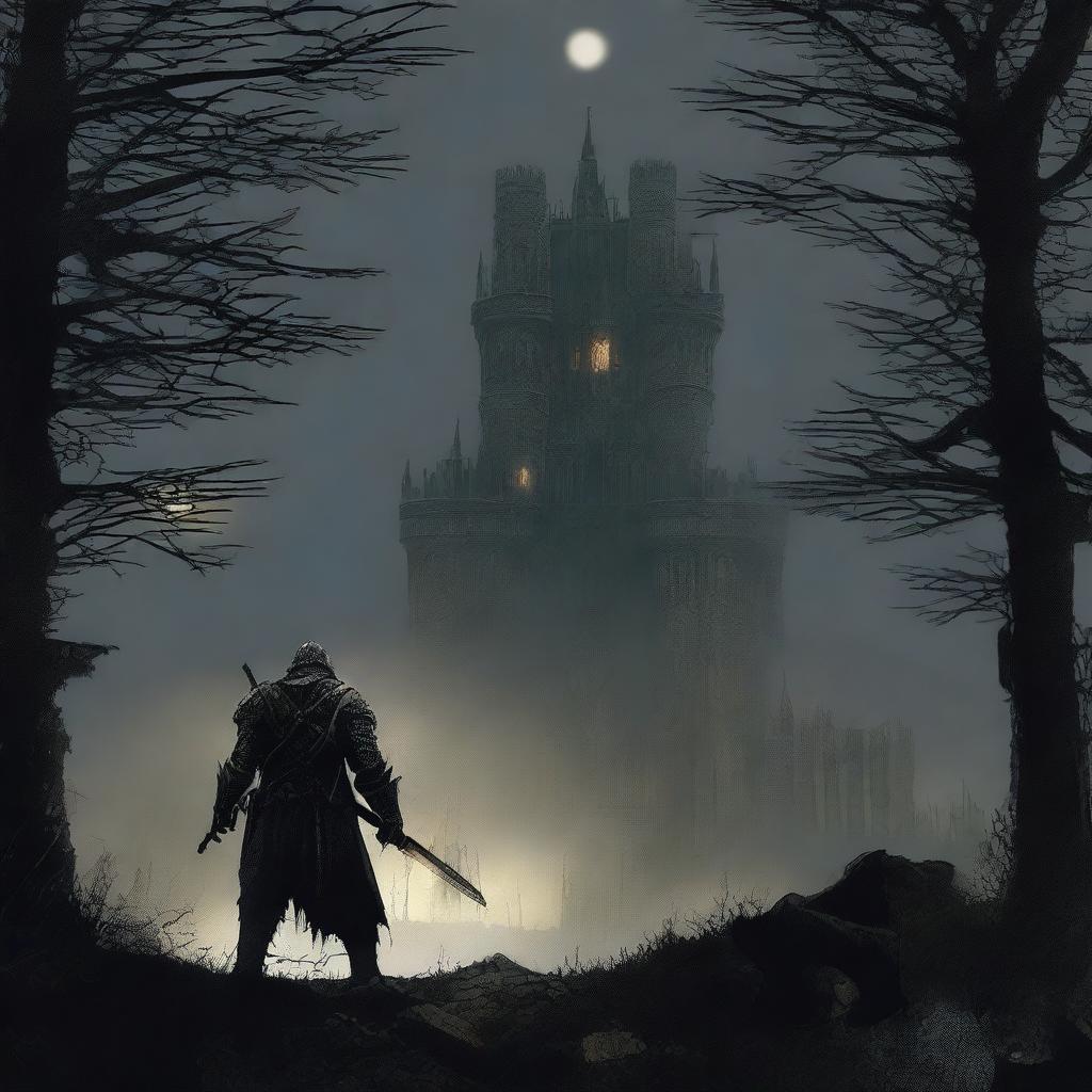 A captivating image that mashes up the universe of Dark Souls with the distinct style of Sam Raimi movies.