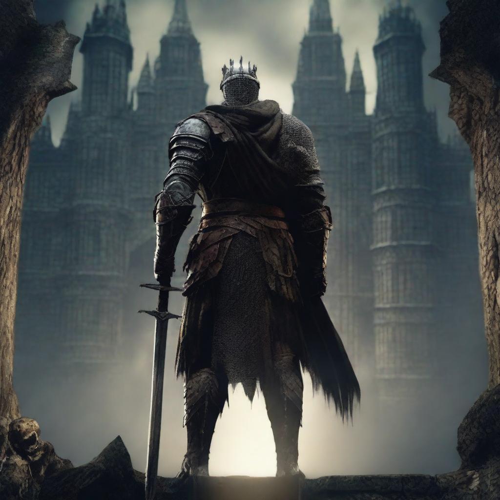 Envision a movie set of a Sam Raimi film, draped in the atmospheric and foreboding essence of the Dark Souls universe.