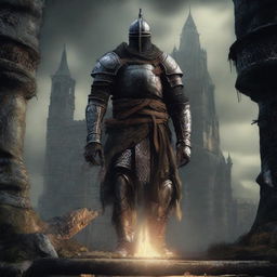 Envision a movie set of a Sam Raimi film, draped in the atmospheric and foreboding essence of the Dark Souls universe.