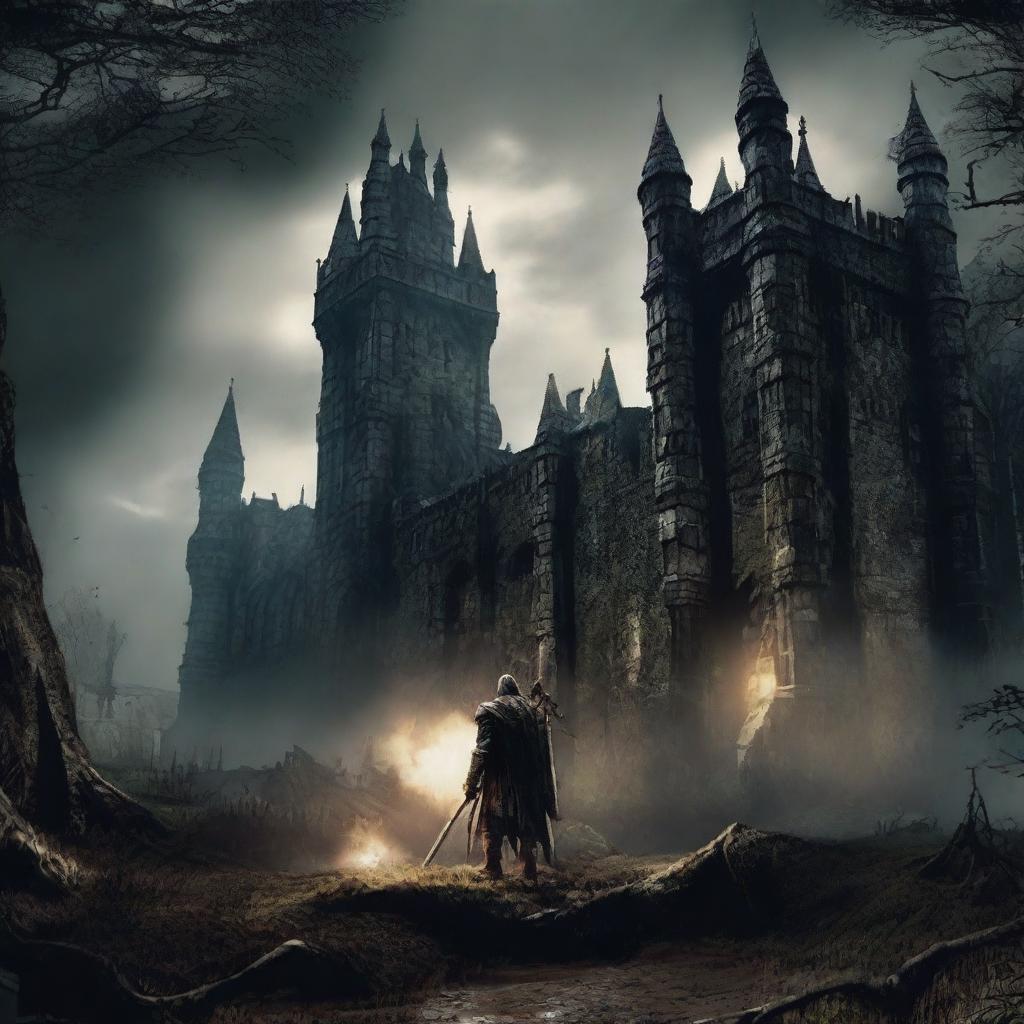 Envision a movie set of a Sam Raimi film, draped in the atmospheric and foreboding essence of the Dark Souls universe.