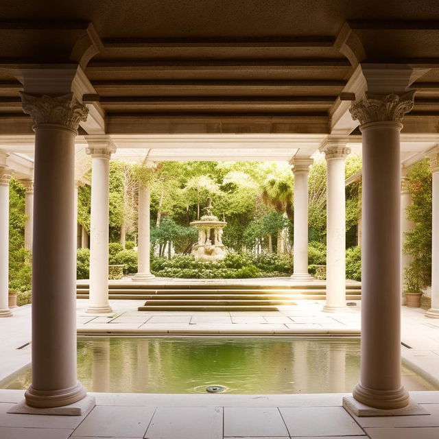 A central feature of a Roman-inspired fountain with water flowing into a pool, surrounded by walkways adorned with classical columns and arcades.