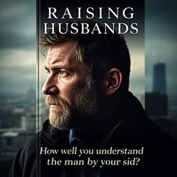 A serious and striking book cover for 'Raising Husbands', featuring a powerful image that represents masculinity and introspection