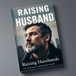 A serious and striking book cover for 'Raising Husbands', featuring a powerful image that represents masculinity and introspection