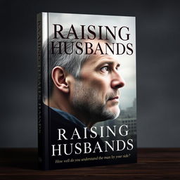 A serious and striking book cover for 'Raising Husbands', featuring a powerful image that represents masculinity and introspection