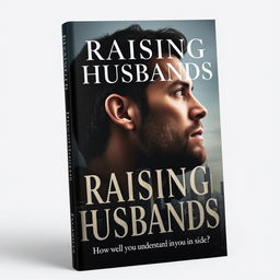 A serious and striking book cover for 'Raising Husbands', featuring a powerful image that represents masculinity and introspection