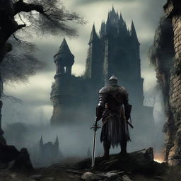 Envision a movie set of a Sam Raimi film, draped in the atmospheric and foreboding essence of the Dark Souls universe.