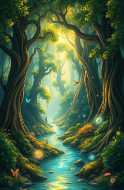 A stunning, vibrant illustration of a mystical forest, filled with towering ancient trees, lush green foliage, and shimmering golden light filtering through the leaves