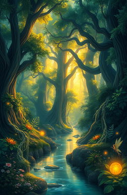 A stunning, vibrant illustration of a mystical forest, filled with towering ancient trees, lush green foliage, and shimmering golden light filtering through the leaves