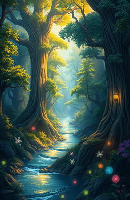 A stunning, vibrant illustration of a mystical forest, filled with towering ancient trees, lush green foliage, and shimmering golden light filtering through the leaves