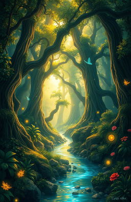 A stunning, vibrant illustration of a mystical forest, filled with towering ancient trees, lush green foliage, and shimmering golden light filtering through the leaves