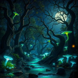 A stunning portrait of a mystical forest at night, illuminated by bioluminescent plants and glowing fungi