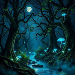 A stunning portrait of a mystical forest at night, illuminated by bioluminescent plants and glowing fungi