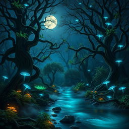 A stunning portrait of a mystical forest at night, illuminated by bioluminescent plants and glowing fungi
