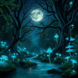 A stunning portrait of a mystical forest at night, illuminated by bioluminescent plants and glowing fungi