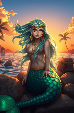 An enchanting siren with flowing, iridescent hair adorned with Egyptian-inspired jewelry, including golden ankh earrings and a jeweled headpiece