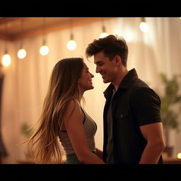 A young couple enjoying a moment of intimate connection in a romantic setting, with soft lighting and a warm atmosphere