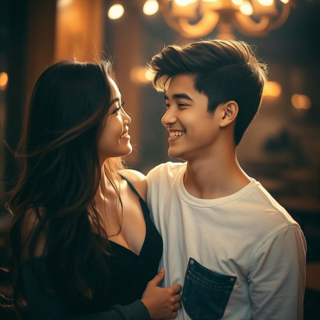 A young couple enjoying a moment of intimate connection in a romantic setting, with soft lighting and a warm atmosphere