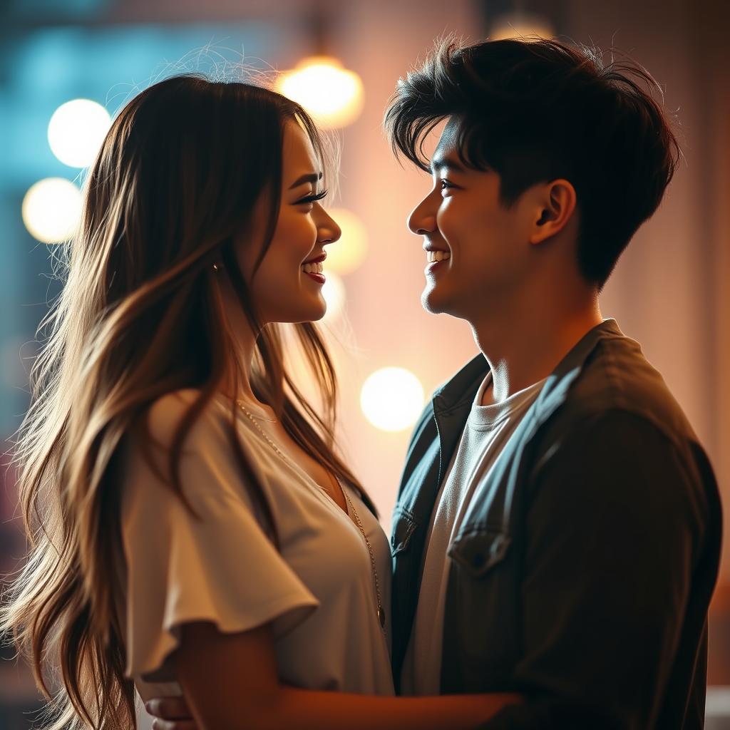 A young couple enjoying a moment of intimate connection in a romantic setting, with soft lighting and a warm atmosphere