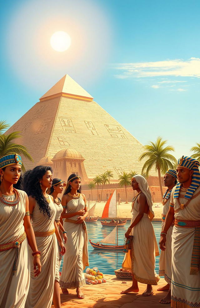 A vibrant and richly detailed depiction of ancient Egyptian culture, featuring a majestic pyramid in the background, with a clear blue sky