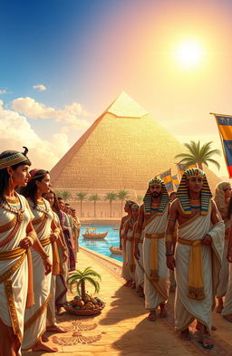 A vibrant and richly detailed depiction of ancient Egyptian culture, featuring a majestic pyramid in the background, with a clear blue sky