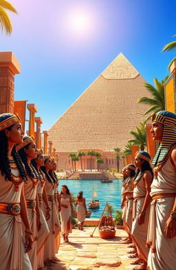 A vibrant and richly detailed depiction of ancient Egyptian culture, featuring a majestic pyramid in the background, with a clear blue sky