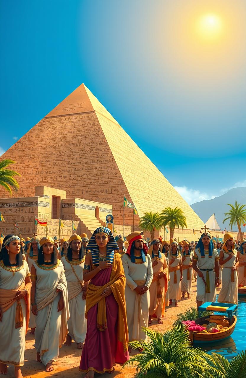 A vibrant and richly detailed depiction of ancient Egyptian culture, featuring a majestic pyramid in the background, with a clear blue sky