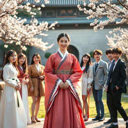 A beautiful Korean princess dressed in an elegant traditional hanbok, standing gracefully in a lush royal garden during the Joseon dynasty