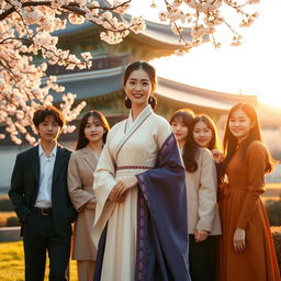 A beautiful Korean princess dressed in an elegant traditional hanbok, standing gracefully in a lush royal garden during the Joseon dynasty