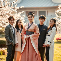 A beautiful Korean princess dressed in an elegant traditional hanbok, standing gracefully in a lush royal garden during the Joseon dynasty