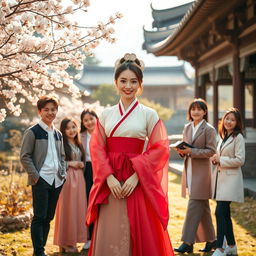 A beautiful Korean princess dressed in an elegant traditional hanbok, standing gracefully in a lush royal garden during the Joseon dynasty