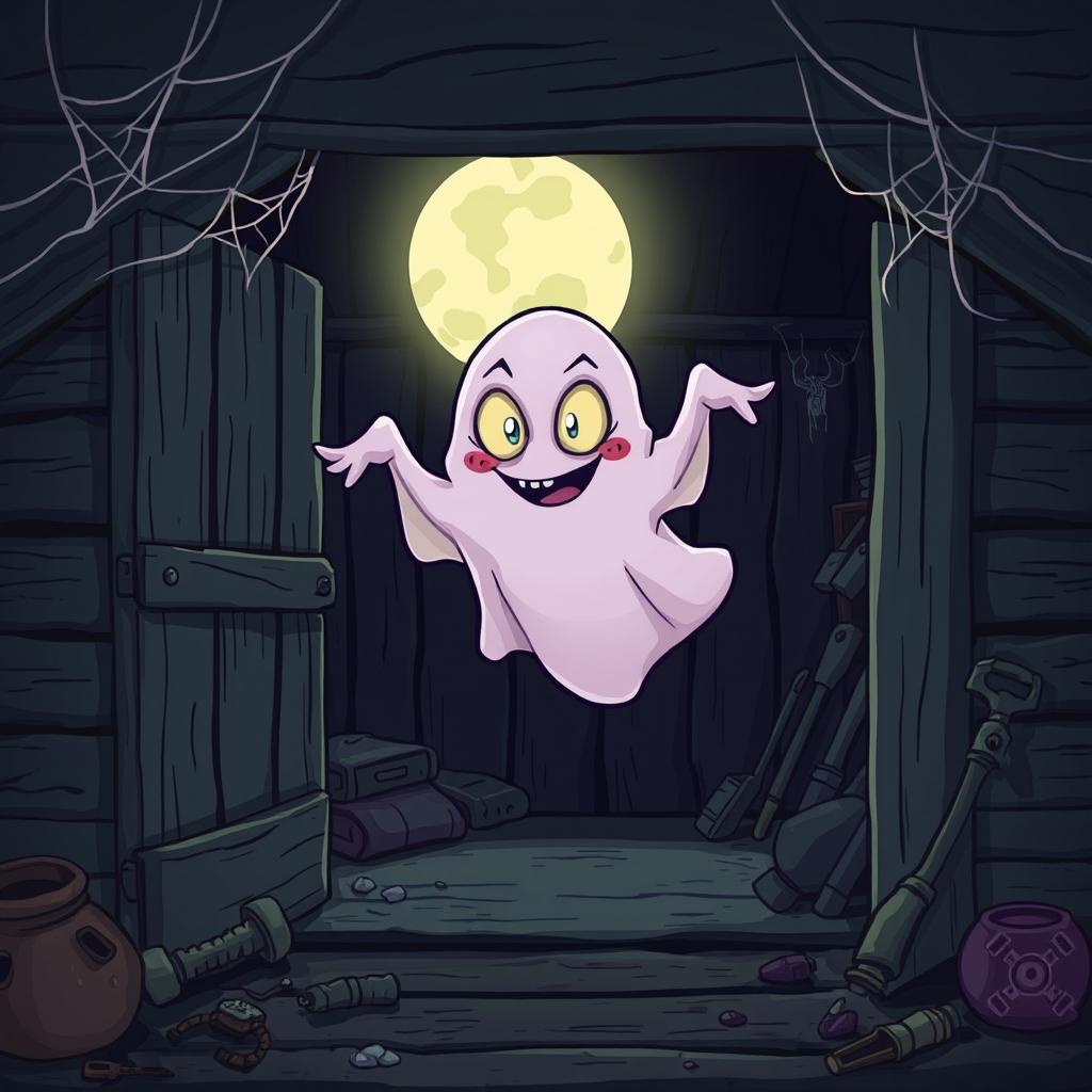 A spooky horror-themed cartoon style illustration featuring a ghost with a mischievous expression, floating in a shadowy shed