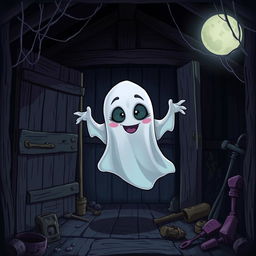 A spooky horror-themed cartoon style illustration featuring a ghost with a mischievous expression, floating in a shadowy shed