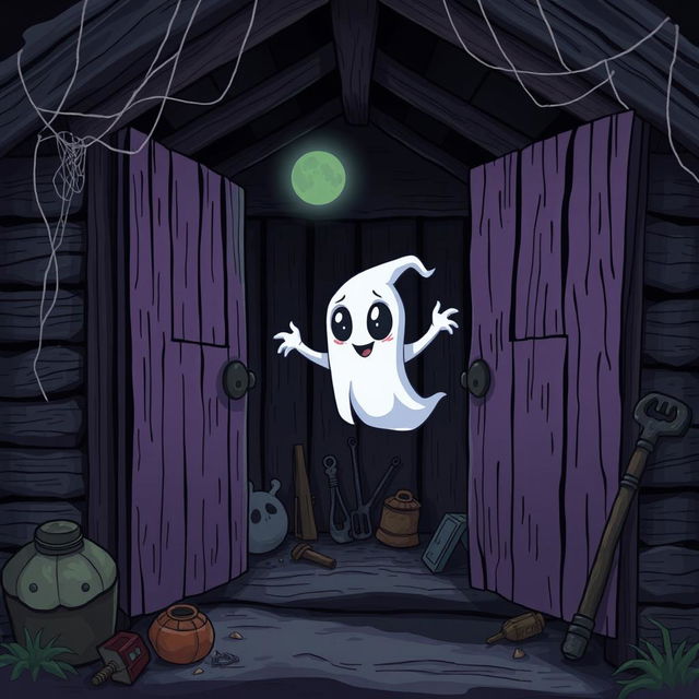 A spooky horror-themed cartoon style illustration featuring a ghost with a mischievous expression, floating in a shadowy shed