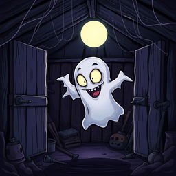 A spooky horror-themed cartoon style illustration featuring a ghost with a mischievous expression, floating in a shadowy shed